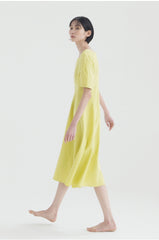 Elegant A-line Linen Midi Dress with Square Neckline and Short Puff Sleeves for Women