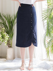 High-Waisted Linen Midi Skirt with Side Button Closure and Clean Tailored Silhouette
