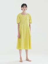 Elegant A-line Linen Midi Dress with Square Neckline and Short Puff Sleeves for Women
