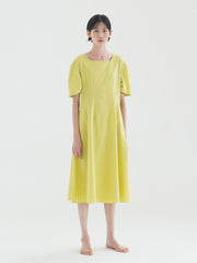 Elegant A-line Linen Midi Dress with Square Neckline and Short Puff Sleeves for Women