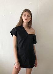 One-Shoulder Puff Sleeve Midi Dress in Lightweight Linen Fabric with Sculpted Back Detail