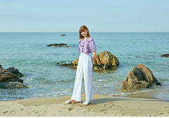 Relaxed Fit Linen Blouse With Ruffle Detailing And Puff Sleeves