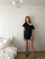 One-Shoulder Puff Sleeve Midi Dress in Lightweight Linen Fabric with Sculpted Back Detail