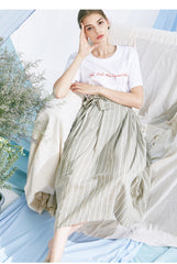 High-Waisted A-Line Linen Skirt for Women with Pinstripe Detail and Belted Waist Design