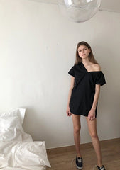 One-Shoulder Puff Sleeve Midi Dress in Lightweight Linen Fabric with Sculpted Back Detail