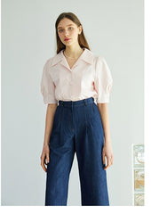 Short Sleeve Linen Blouse with Notched Collar and Soft Puff Sleeves for Feminine Elegance