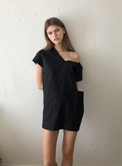 One-Shoulder Puff Sleeve Midi Dress in Lightweight Linen Fabric with Sculpted Back Detail