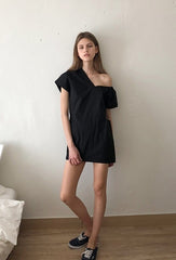 One-Shoulder Puff Sleeve Midi Dress in Lightweight Linen Fabric with Sculpted Back Detail