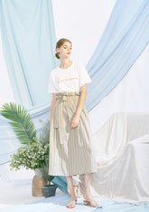High-Waisted A-Line Linen Skirt for Women with Pinstripe Detail and Belted Waist Design