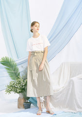 High-Waisted A-Line Linen Skirt for Women with Pinstripe Detail and Belted Waist Design
