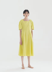 Elegant A-line Linen Midi Dress with Square Neckline and Short Puff Sleeves for Women