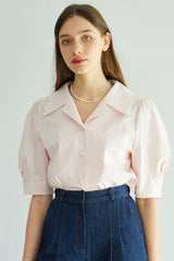 Short Sleeve Linen Blouse with Notched Collar and Soft Puff Sleeves for Feminine Elegance