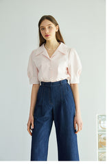 Short Sleeve Linen Blouse with Notched Collar and Soft Puff Sleeves for Feminine Elegance