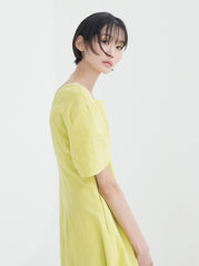 Elegant A-line Linen Midi Dress with Square Neckline and Short Puff Sleeves for Women