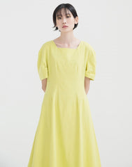 Elegant A-line Linen Midi Dress with Square Neckline and Short Puff Sleeves for Women