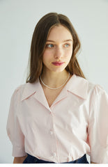 Short Sleeve Linen Blouse with Notched Collar and Soft Puff Sleeves for Feminine Elegance