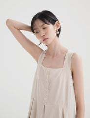 Sleeveless Linen Midi Dress with Front Button Detail and Pleated Skirt for Women