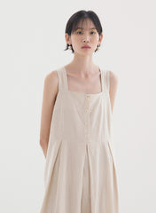 Sleeveless Linen Midi Dress with Front Button Detail and Pleated Skirt for Women
