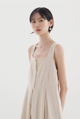 Sleeveless Linen Midi Dress with Front Button Detail and Pleated Skirt for Women