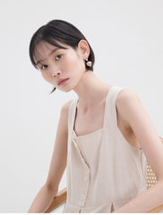 Sleeveless Linen Midi Dress with Front Button Detail and Pleated Skirt for Women