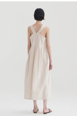 Sleeveless Linen Midi Dress with Front Button Detail and Pleated Skirt for Women