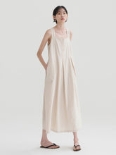 Sleeveless Linen Midi Dress with Front Button Detail and Pleated Skirt for Women