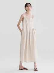 Sleeveless Linen Midi Dress with Front Button Detail and Pleated Skirt for Women