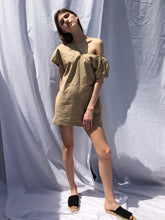 Asymmetric One-Shoulder Short Linen Dress with Puff Sleeve and Tailored Pleat Detail