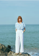 Linen Puff Sleeve Blouse With Front Buttons And Drawstring Detail