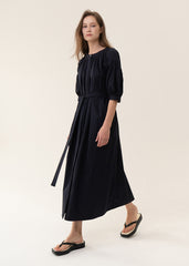 Short-Sleeve Linen Midi Dress with Belted Waist and Gathered Puff Sleeves for Elegant Fit