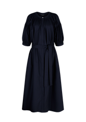 Short-Sleeve Linen Midi Dress with Belted Waist and Gathered Puff Sleeves for Elegant Fit