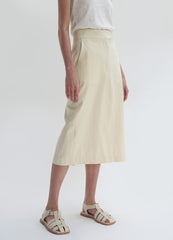 High-Waisted Linen Midi Skirt with Sleek Silhouette and Concealed Side Pockets