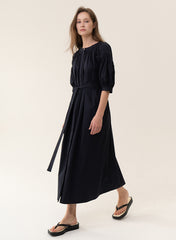 Short-Sleeve Linen Midi Dress with Belted Waist and Gathered Puff Sleeves for Elegant Fit