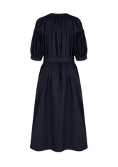 Short-Sleeve Linen Midi Dress with Belted Waist and Gathered Puff Sleeves for Elegant Fit