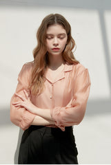 Silk Button-Down Shirt with Lapel Collar and Sheer Draping Texture for Effortless Chic Style