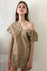 Asymmetric One-Shoulder Short Linen Dress with Puff Sleeve and Tailored Pleat Detail