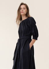 Short-Sleeve Linen Midi Dress with Belted Waist and Gathered Puff Sleeves for Elegant Fit