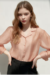 Silk Button-Down Shirt with Lapel Collar and Sheer Draping Texture for Effortless Chic Style