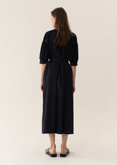 Short-Sleeve Linen Midi Dress with Belted Waist and Gathered Puff Sleeves for Elegant Fit