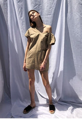 Asymmetric One-Shoulder Short Linen Dress with Puff Sleeve and Tailored Pleat Detail