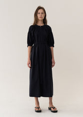 Short-Sleeve Linen Midi Dress with Belted Waist and Gathered Puff Sleeves for Elegant Fit