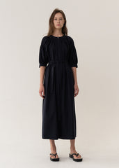 Short-Sleeve Linen Midi Dress with Belted Waist and Gathered Puff Sleeves for Elegant Fit