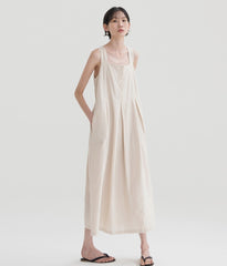 Sleeveless Linen Midi Dress with Front Button Detail and Pleated Skirt for Women