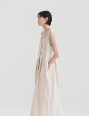 Sleeveless Linen Midi Dress with Front Button Detail and Pleated Skirt for Women