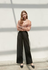Silk Button-Down Shirt with Lapel Collar and Sheer Draping Texture for Effortless Chic Style