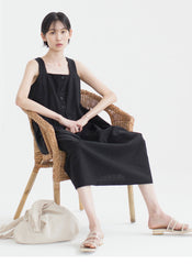 Sleeveless Linen Midi Dress with Wide Straps and Front Button Detail for Elegant Summer Style