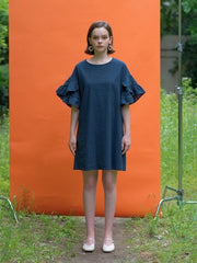 Linen Mini Dress with Ruffled Statement Sleeves and Relaxed Fit for Effortless Feminine Style