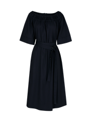 Off-Shoulder Linen Midi Dress with Flared Sleeves and Adjustable Waist Belt for Elegant Fit