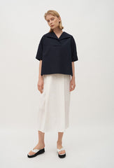 High-Waisted Buttoned Midi Skirt in Premium Linen Blend with Back Slit Detail