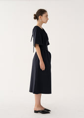 Off-Shoulder Linen Midi Dress with Flared Sleeves and Adjustable Waist Belt for Elegant Fit